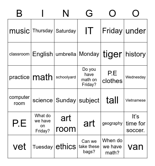 UNIT 4_ WE HAVE ENGLISH! Bingo Card