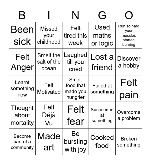 Human Experiences Bingo Card