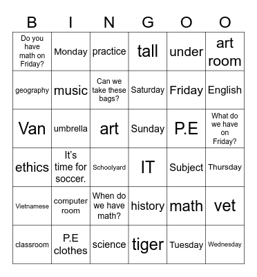 UNIT 4_ WE HAVE ENGLISH! Bingo Card