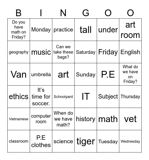 UNIT 4_ WE HAVE ENGLISH! Bingo Card