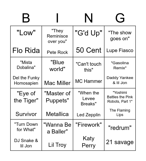 WWE Walk Out Song Bingo Card