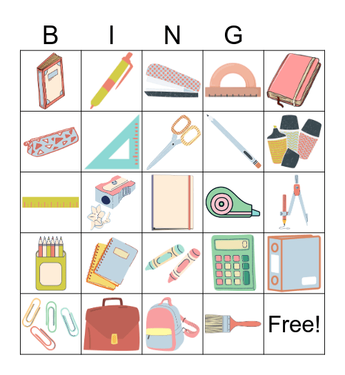 School supplies Bingo Card