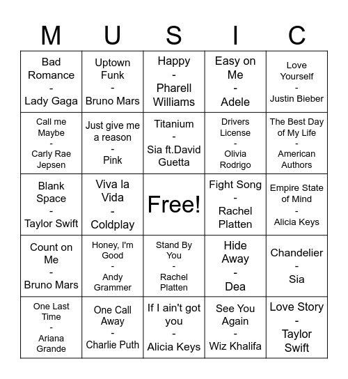 Popular Music Bingo Card