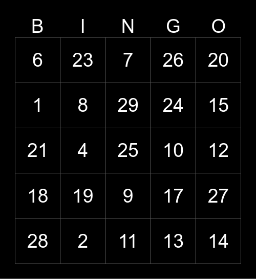 Number Bingo Card