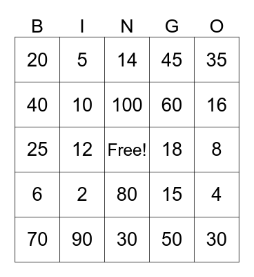 Multiplication Game (2 , 5 , 10) Bingo Card