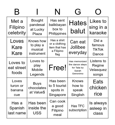 Filipino Singapore Human Bingo Card