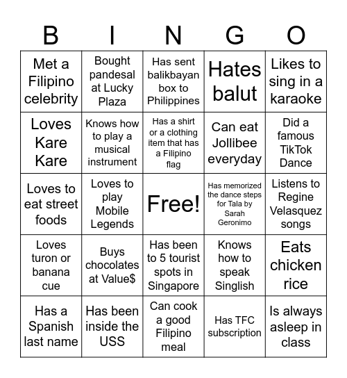 Filipino Singapore Human Bingo Card