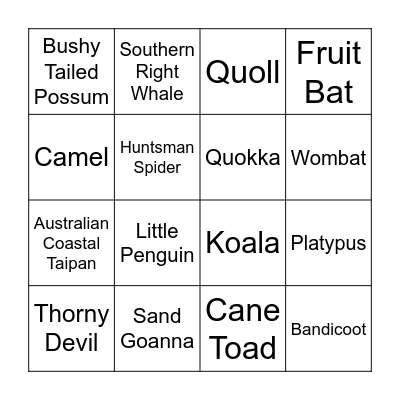 Aussie Animals Bingo Card