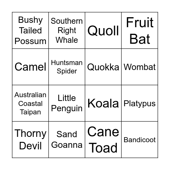 Aussie Animals Bingo Card