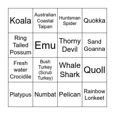 Aussie Animals Bingo Card