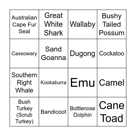 Aussie Animals Bingo Card