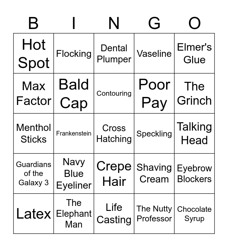 Movie Makeup Bingo Card