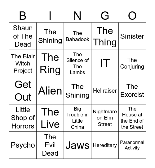 Horror Films Bingo Card