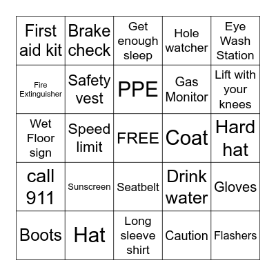 Safety Fair Bingo Card