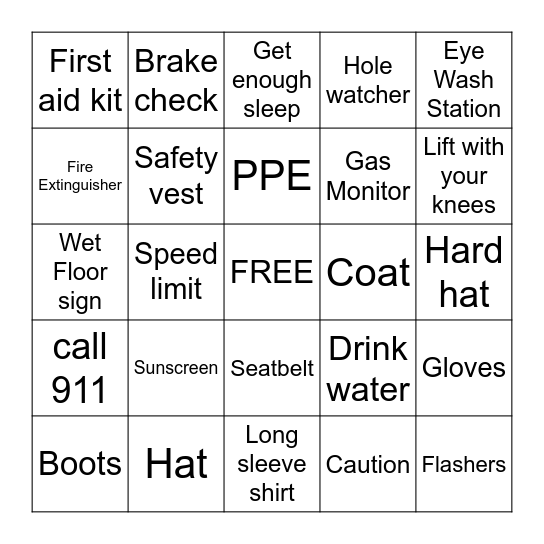 Safety Fair Bingo Card