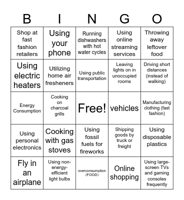 Human Activities That Create Carbon Emissions Bingo Card
