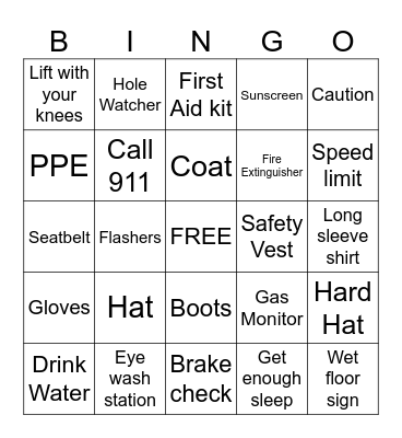 Safety Bingo Card