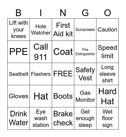 Safety Bingo Card