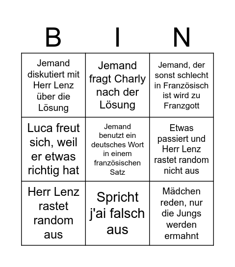 Französisch Bingo Card