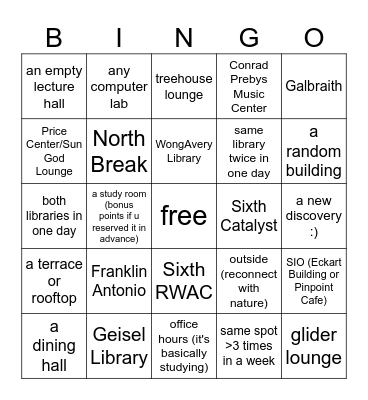 fall quarter study spots (2.0) Bingo Card