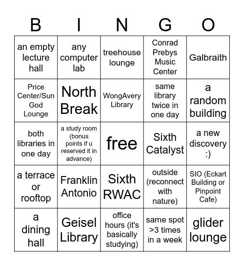 fall quarter study spots (2.0) Bingo Card