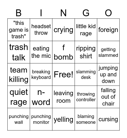 gamer rage bingo Card