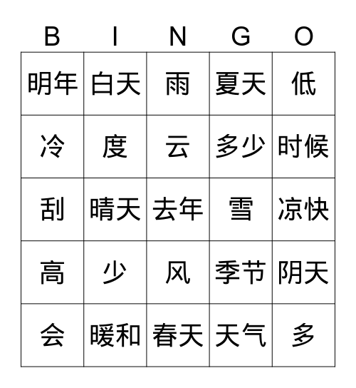 L2-天气怎么样 Bingo Card