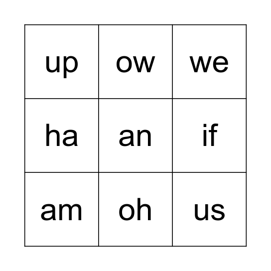 2 letter words Bingo Card