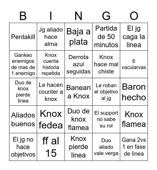 Stream knox Bingo Card
