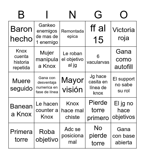 Stream knox Bingo Card