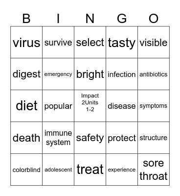 Impact Book2 Units 1-2 Vocabulary Bingo Card