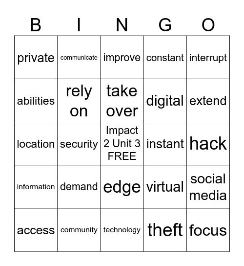 Impact Book2, Units 3 Bingo Card