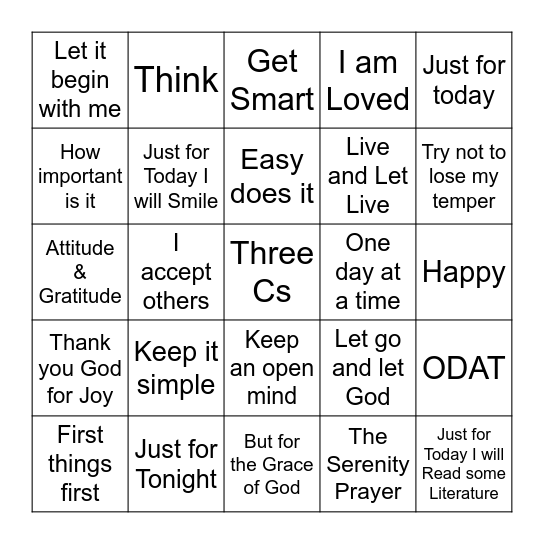 Alateen Bingo Card