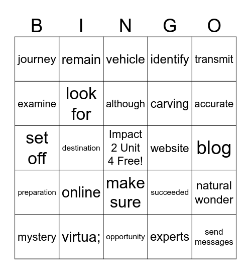 Impact Book 2 Unit 4 Bingo Card