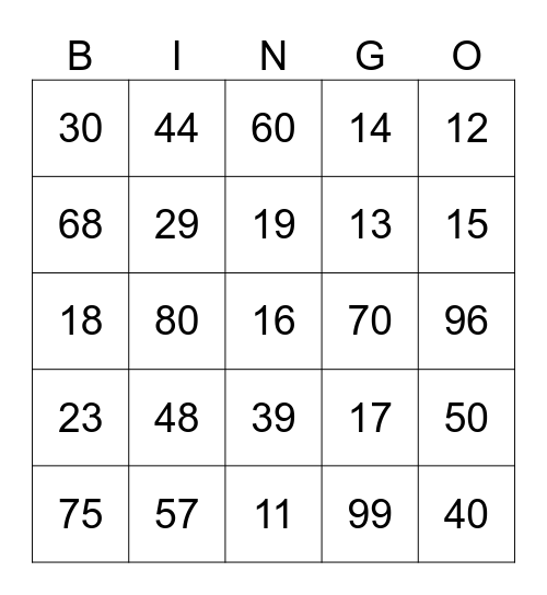 spelling numbers Bingo Card