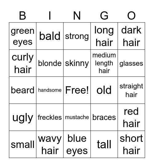 Physical Descriptions Bingo Card