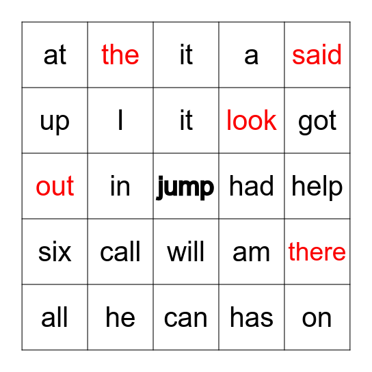 Jump Out Words Bingo Card