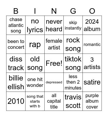 music Bingo Card