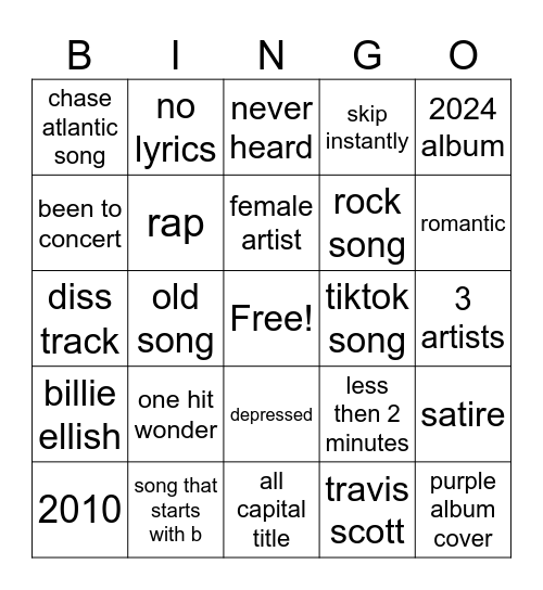 music Bingo Card