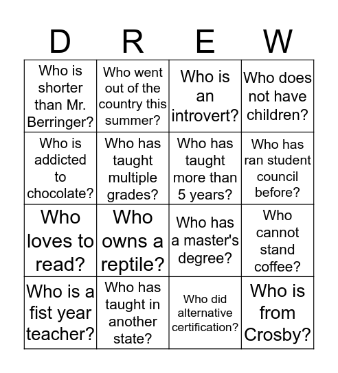Drew's New Teacher  Bingo Card