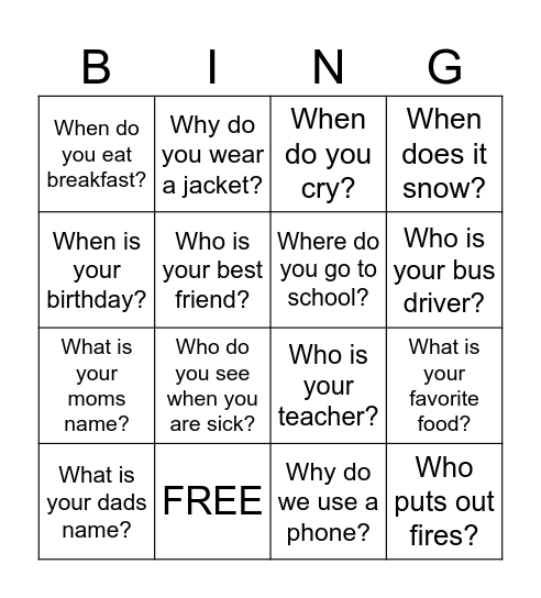 WH- Questions Bingo Card