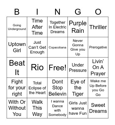 1980's HITS Bingo Card