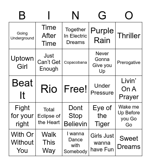 1980's HITS Bingo Card