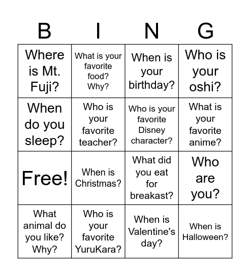 Wh question Bingo Card