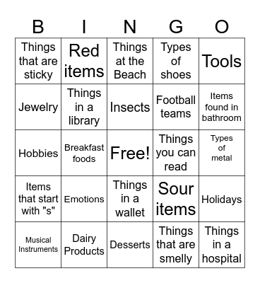 Catergories Bingo Card