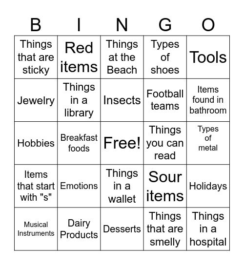 Catergories Bingo Card