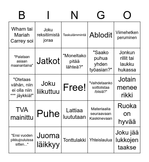 Pikkujoulut Huhtasuo 2025 Bingo Card