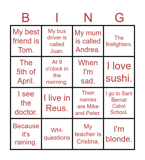 WH- QUESTIONS Bingo Card