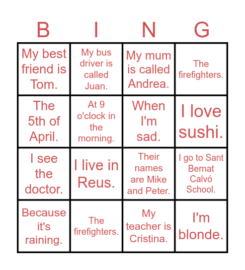 WH- QUESTIONS Bingo Card