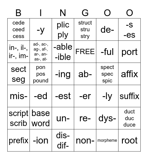 Morpheme Bingo Card